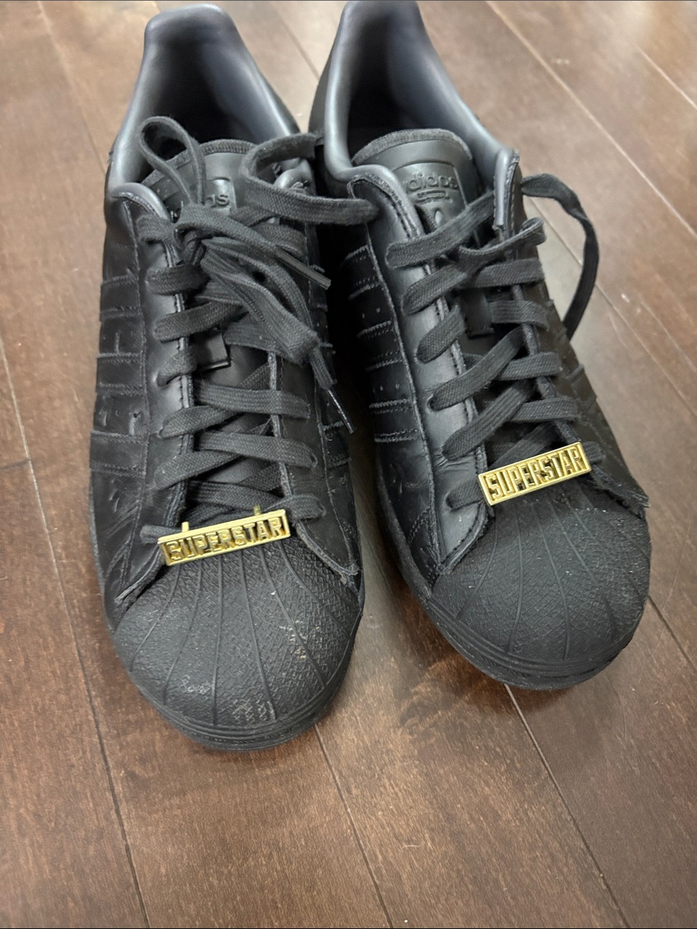 adidas Black Leather Superstar Sneakers with Gold Lace Tags